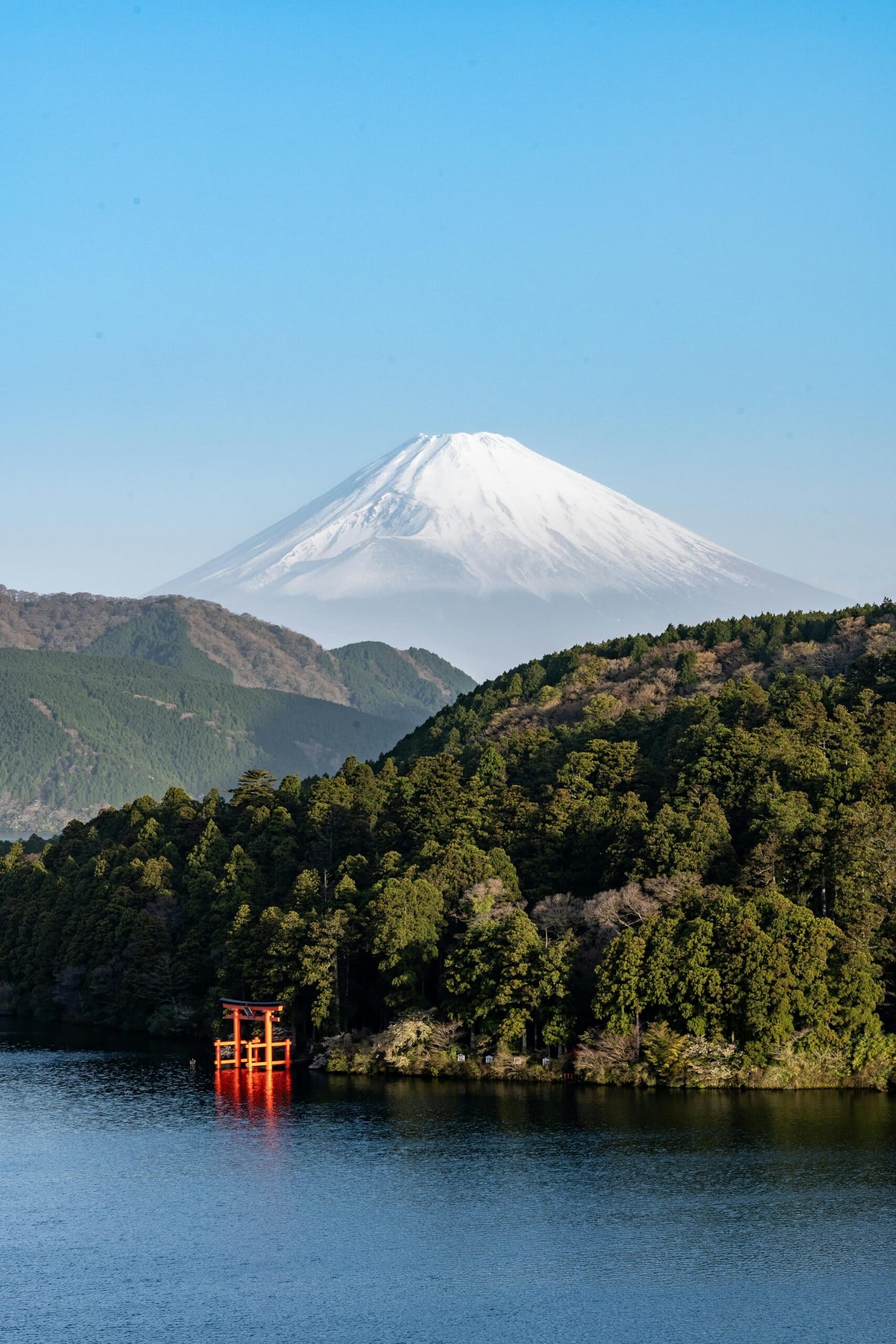 Mount Fuji reflected in Lake Ashi, Hakone, on a clear morning