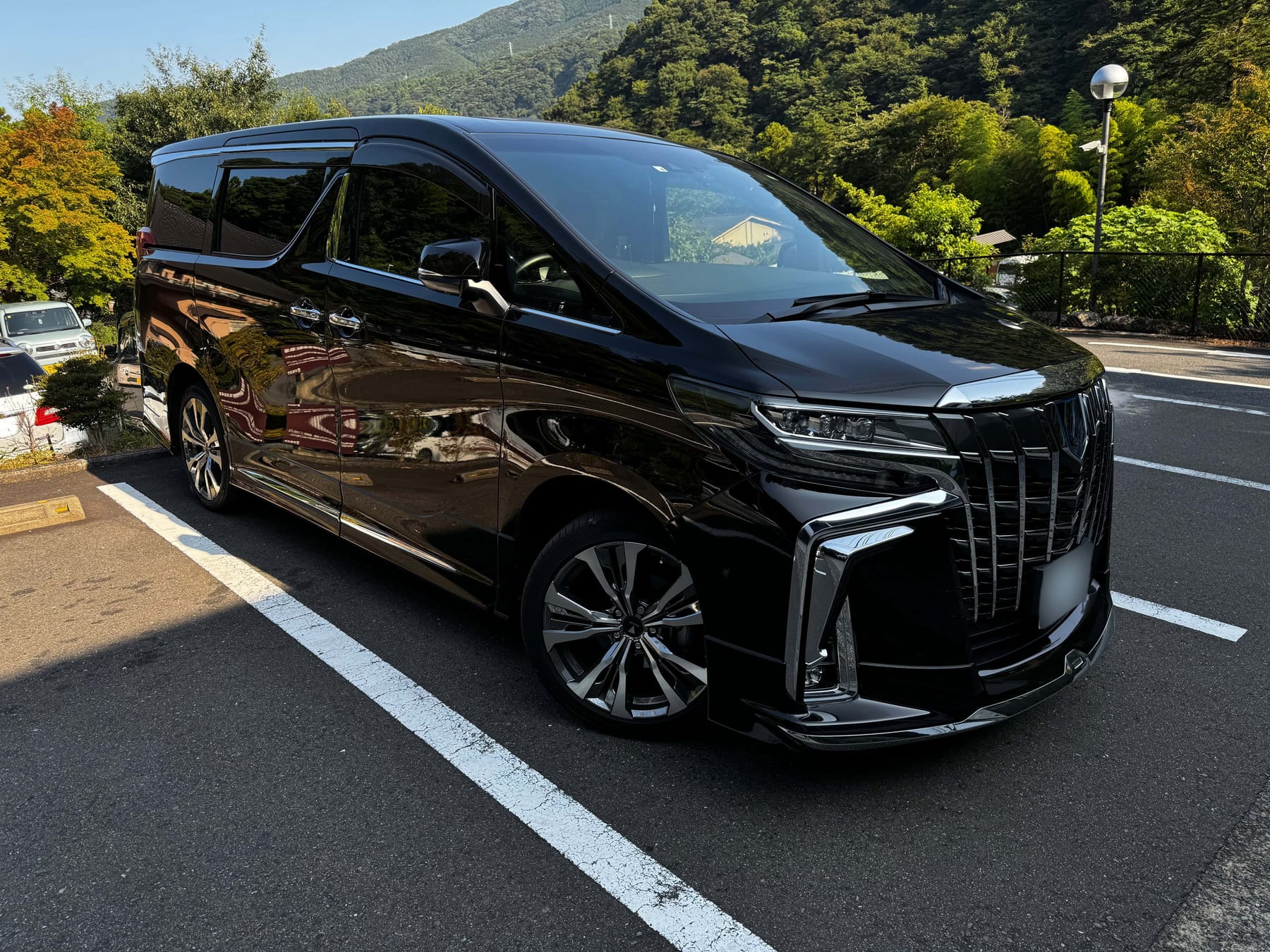 Toyota Alphard side view parked on a mountain road in Hakone