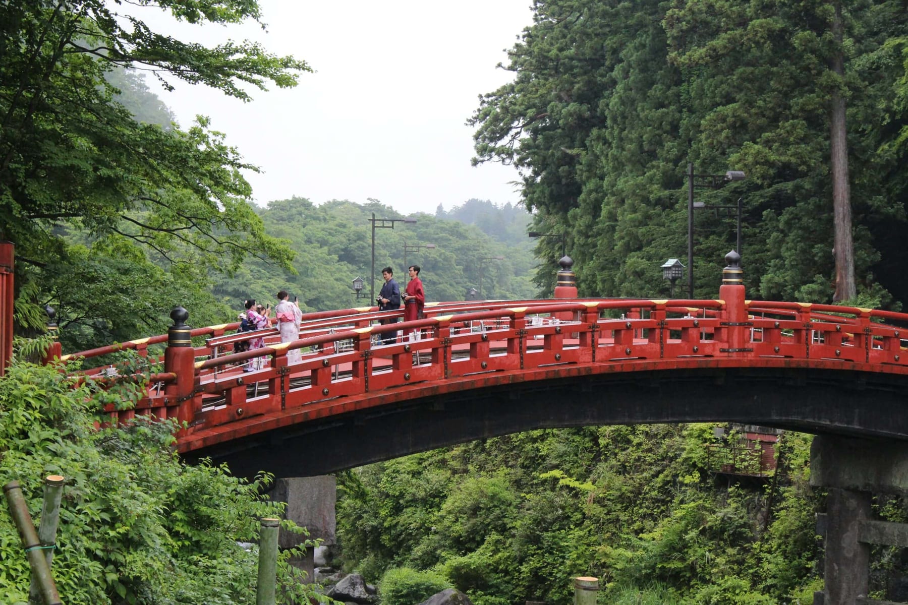 Shinkyo Bridge, Nikko's sacred vermilion bridge arching over the Daiya River through cedar forest