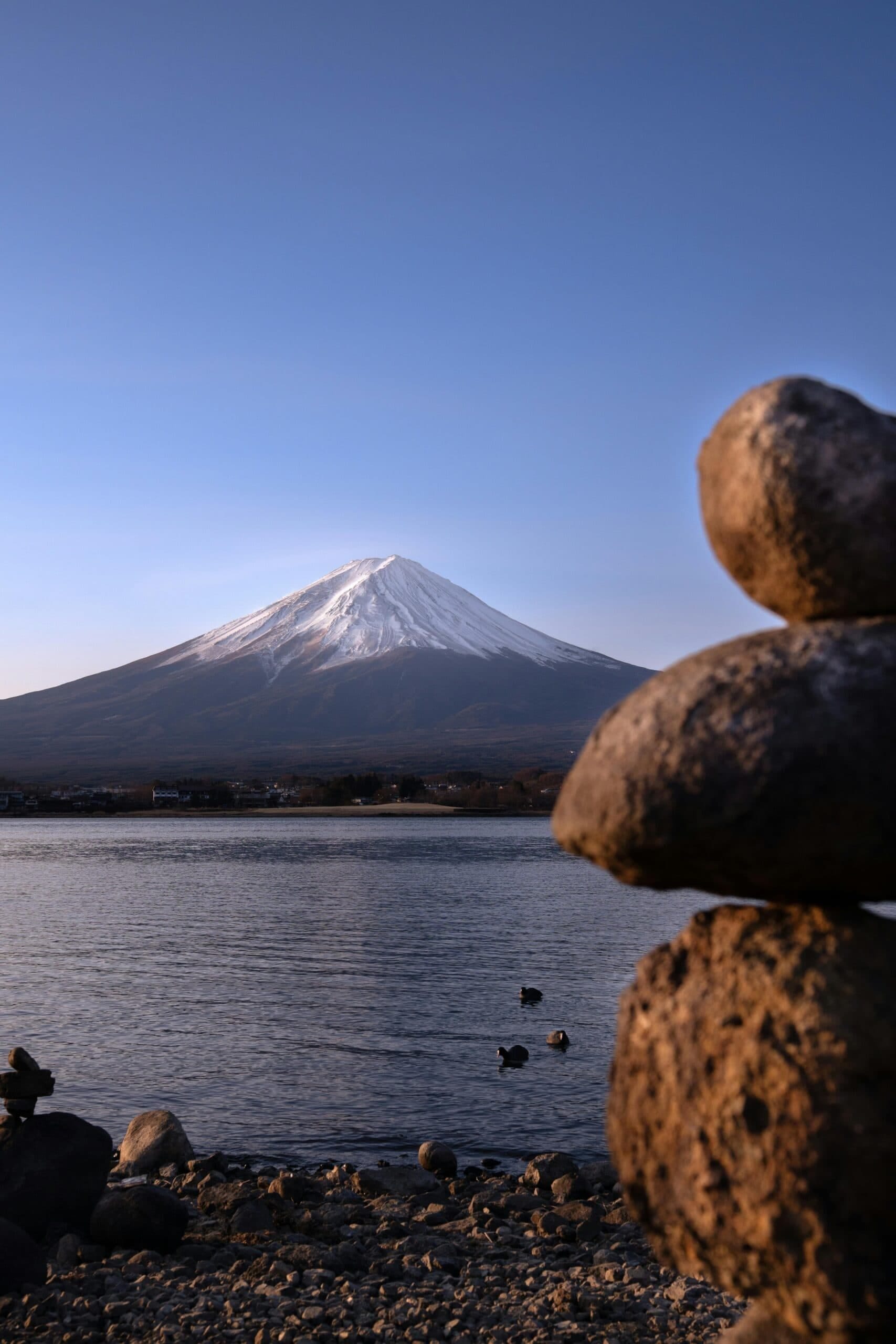 Mount Fuji reflected in a lake at dawn, viewed from the shoreline with stacked stones in the foreground
