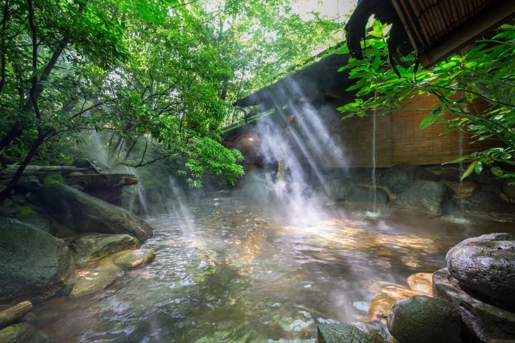The hot spring bath area at Oyado Noshiyu in Kurokawa Onsen