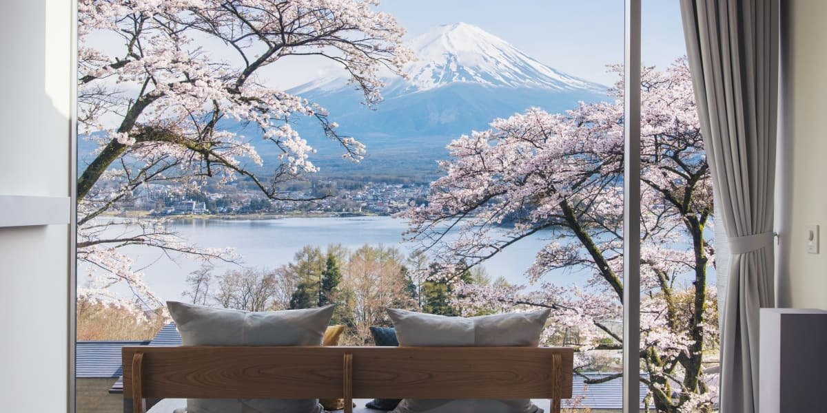 A cabin at Hoshinoya Fuji with Mount Fuji and cherry blossom framed in the window