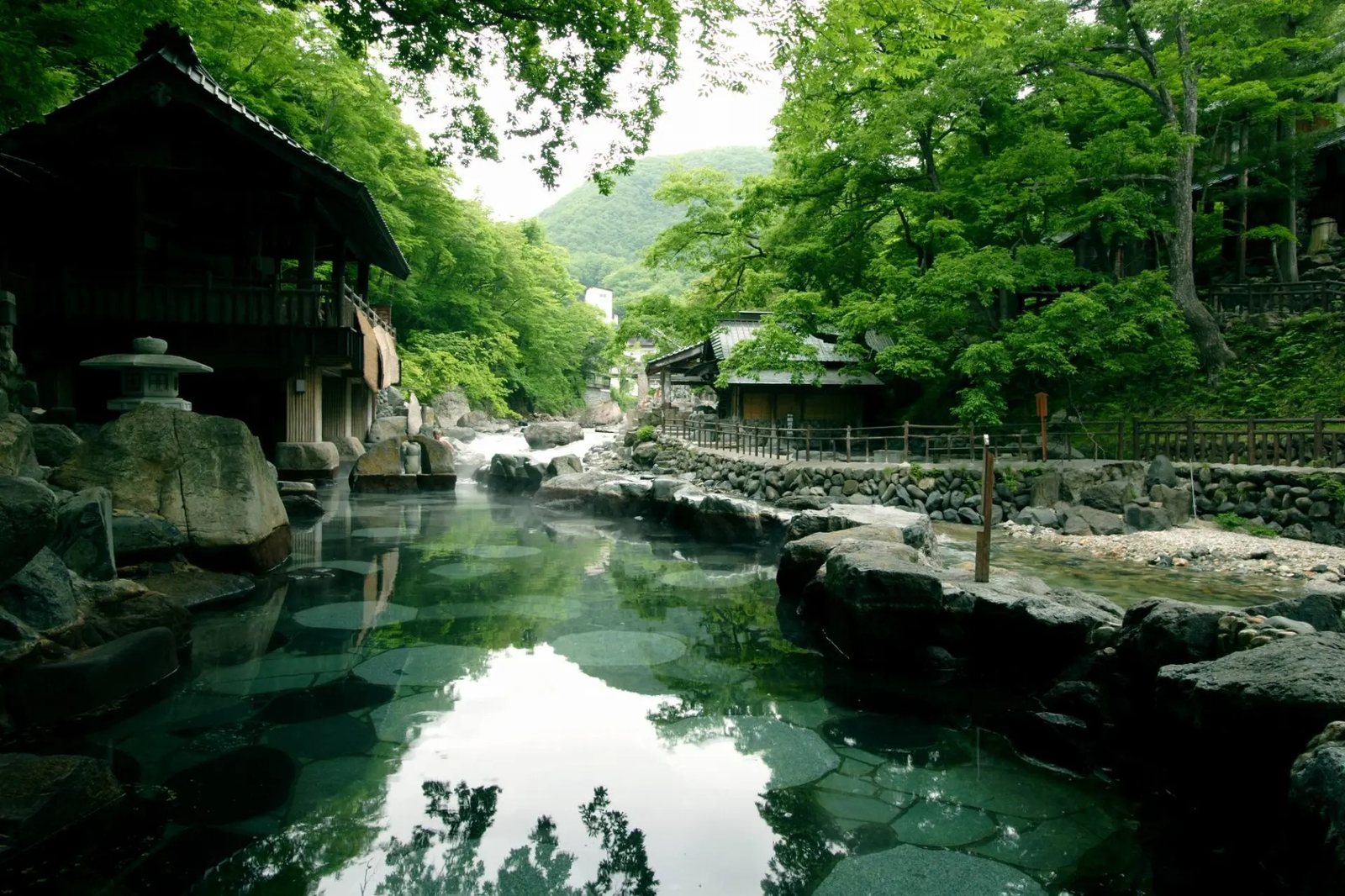 The open-air river baths at Takaragawa Onsen among green trees