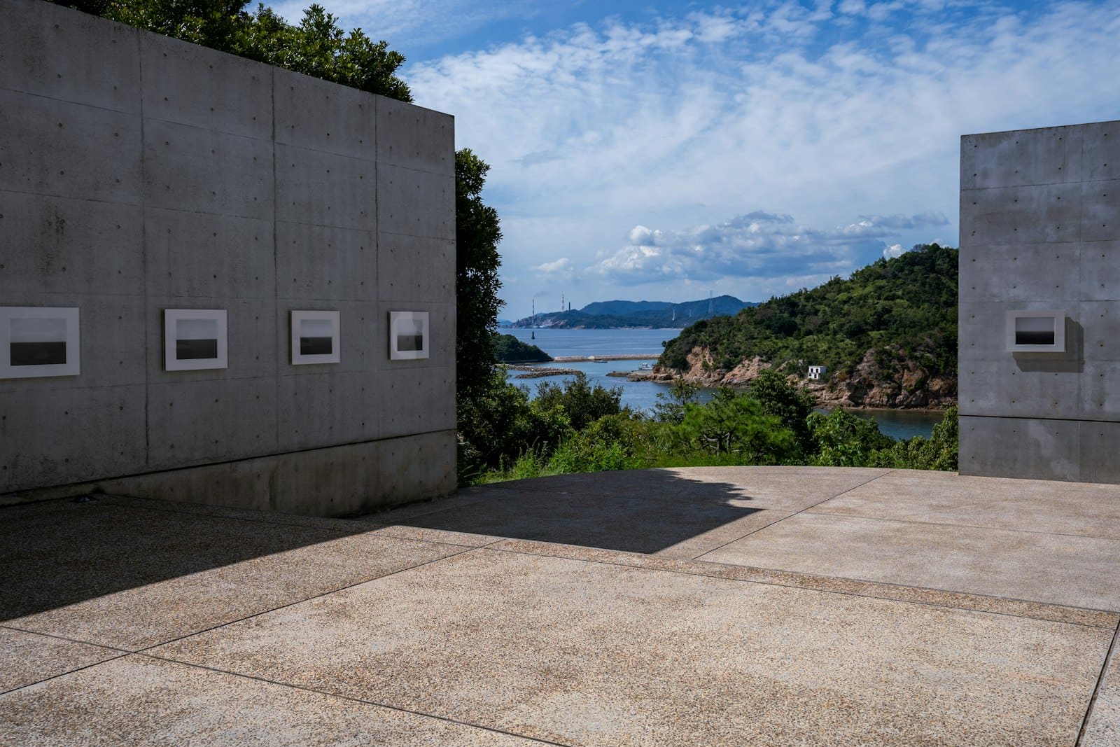 A concrete terrace with a view over the islands of the Seto Inland Sea on Naoshima