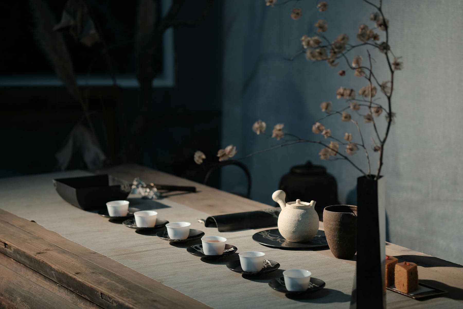 A tea set laid out for a tea ceremony