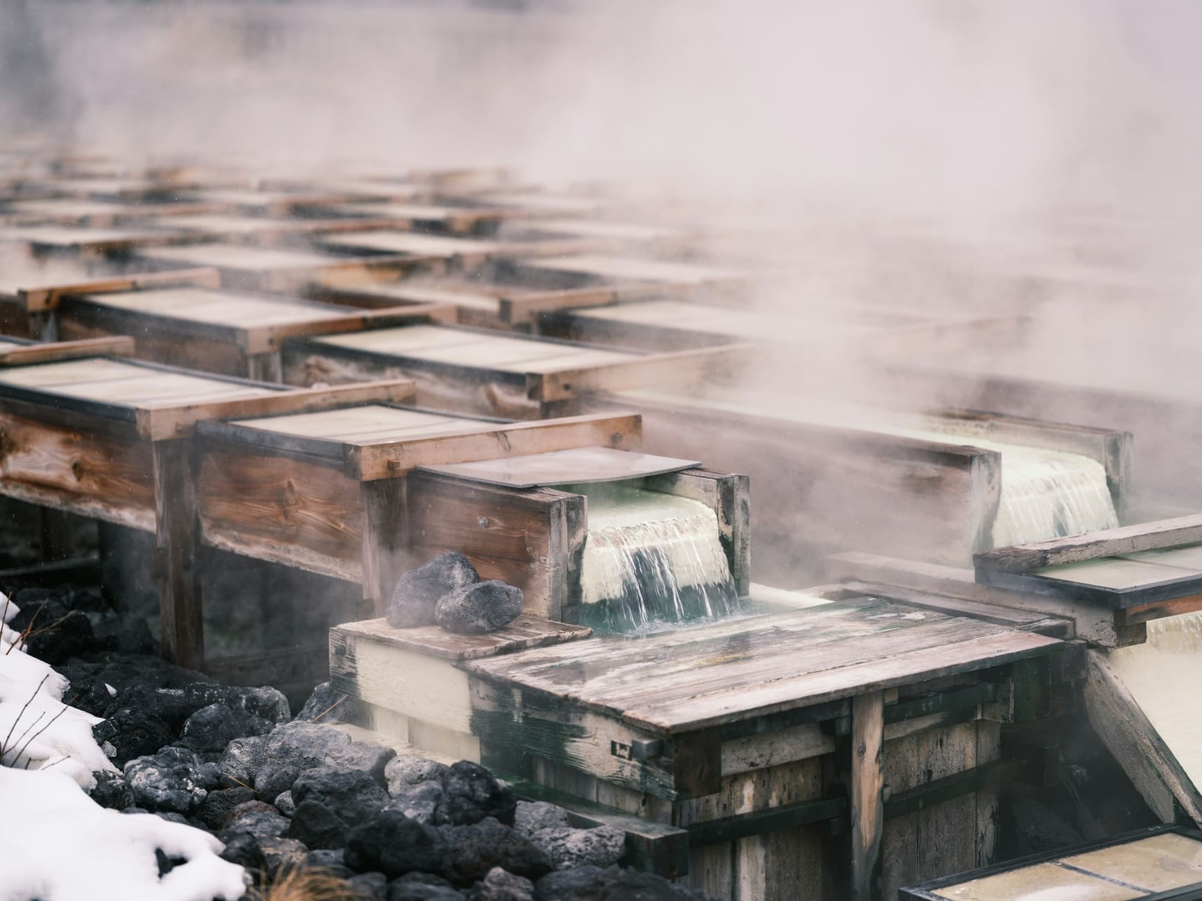 The wooden channels of the Yubatake hot spring field in Kusatsu