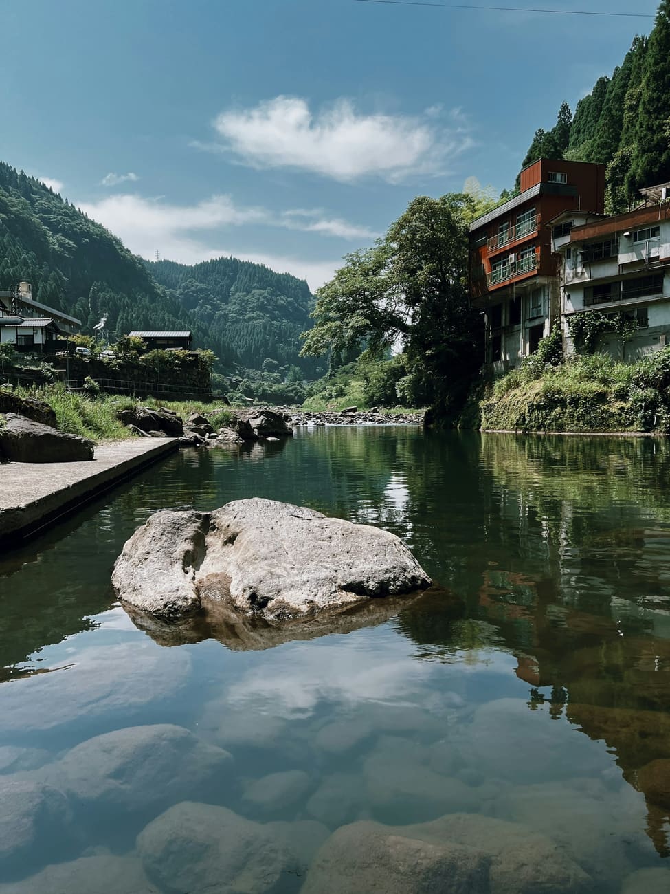 A mountain river beside an onsen inn