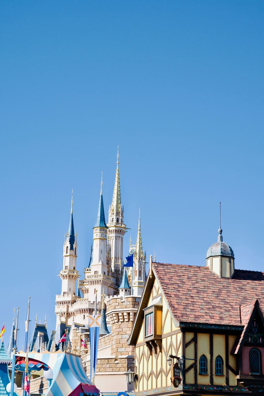 The white and blue castle of a theme park