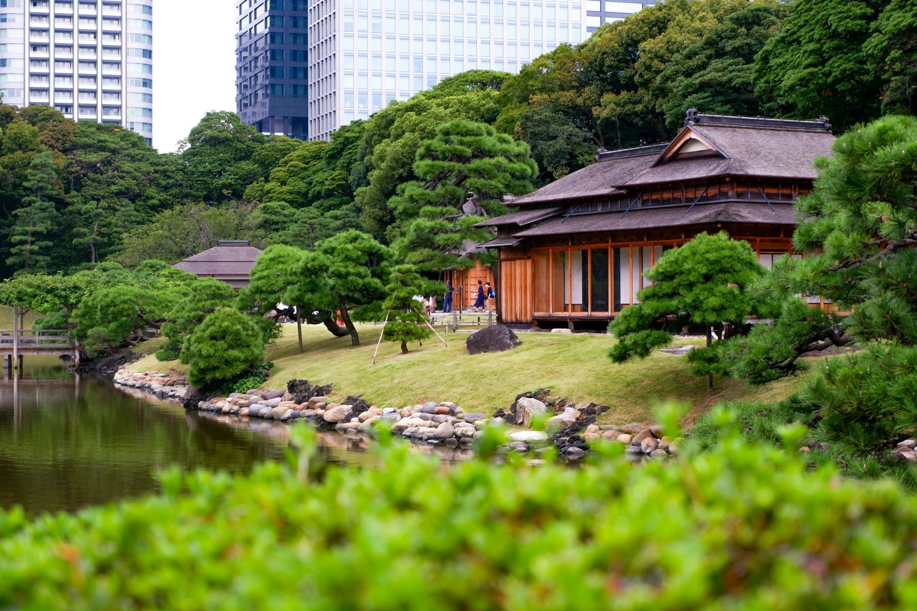 A teahouse beside the pond of a Tokyo garden, with the towers of the city behind